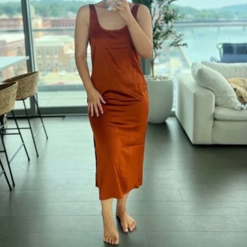 Abercrombie & Fitch Satin Slit Slip Midi Dress in Paprika